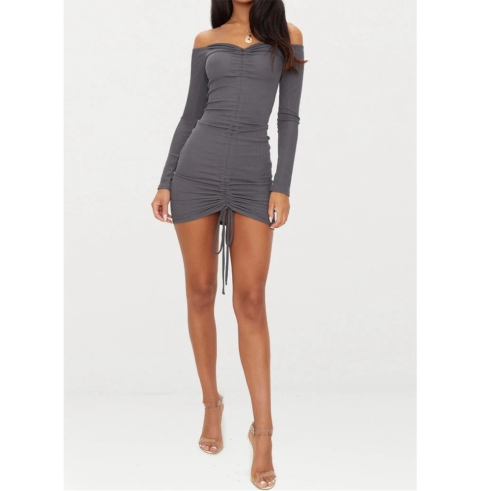 PLT 0 Long Sleeve Ruched Off-Shoulder Bodycon Mini Dress Charcoal